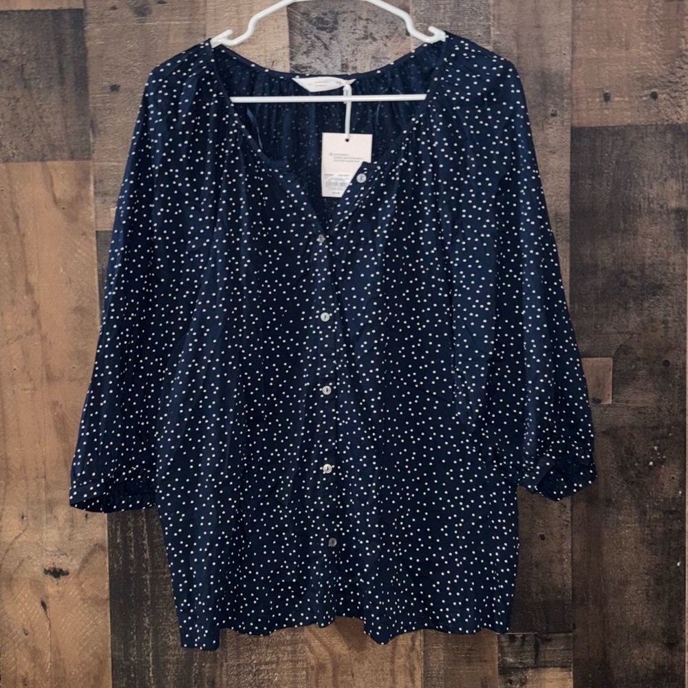 Women’s Sz Large Lauren Conrad Navy and White Polka Dot Button-Down Blouse NWT